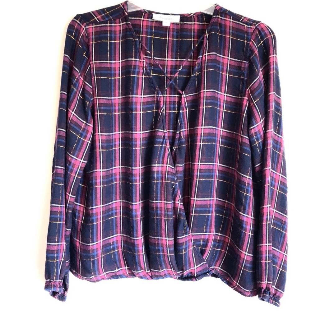 Plaid Surplice Wrap Top Francescas Pink Navy Blue Cross Neck Flannel Lightweight